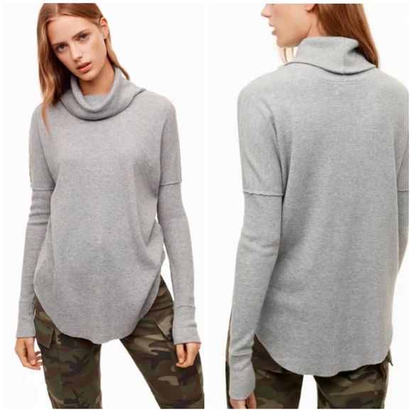 TNA Aritzia Loose Cowl Neck Long Sleeve Waffle Top Heather Grey - Picture 11 of 11